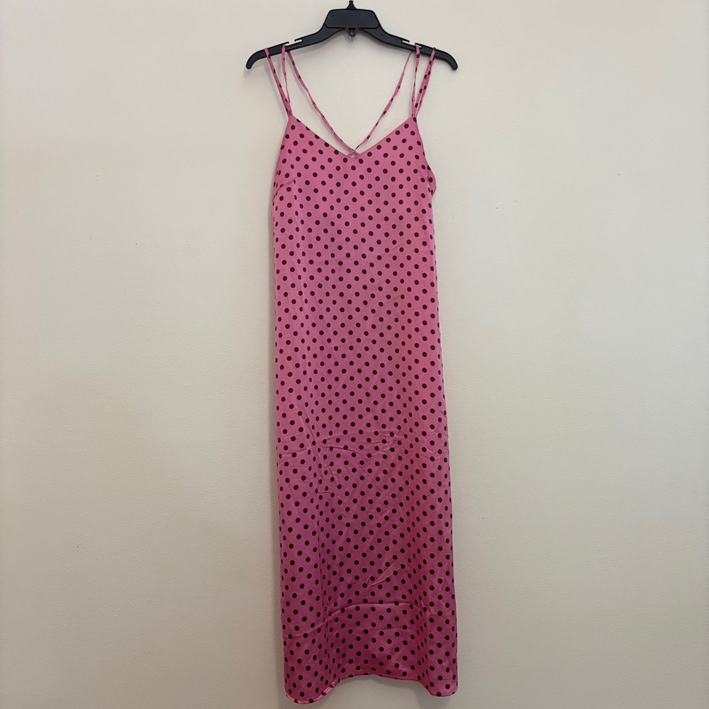 NWT Mango Pink and Brown Polka Dot Midi Satin Dress size S - Picture 6 of 13